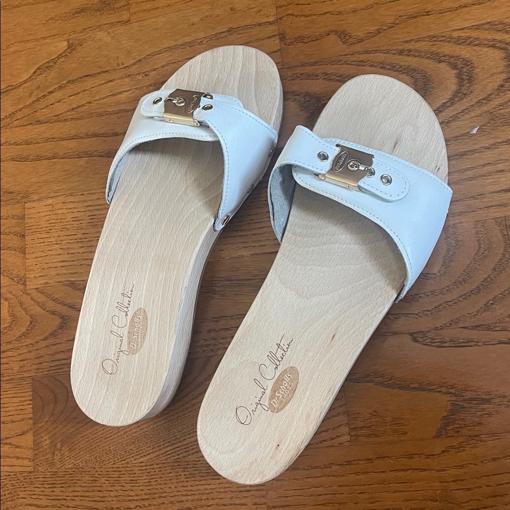 Dr. Scholl's White Leather Slide Sandals with Buckle